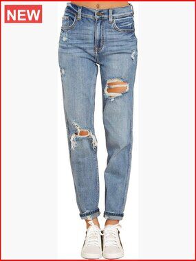 Stretch Denim Boyfriend Jeans High Waisted Ripped Distressed Slim Fit